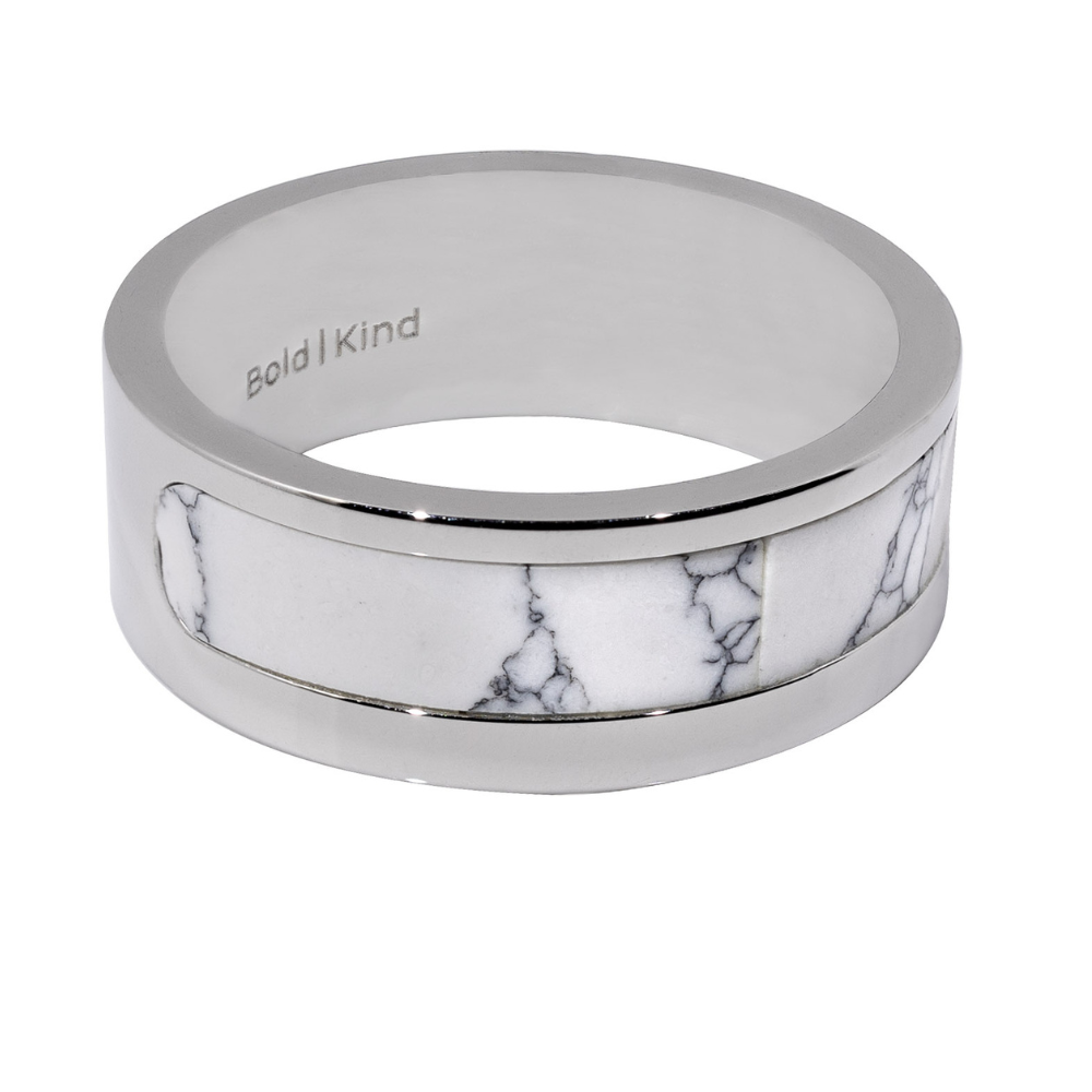stainless steel ring with white marble, strength band, mindfulness practice, anxiety management